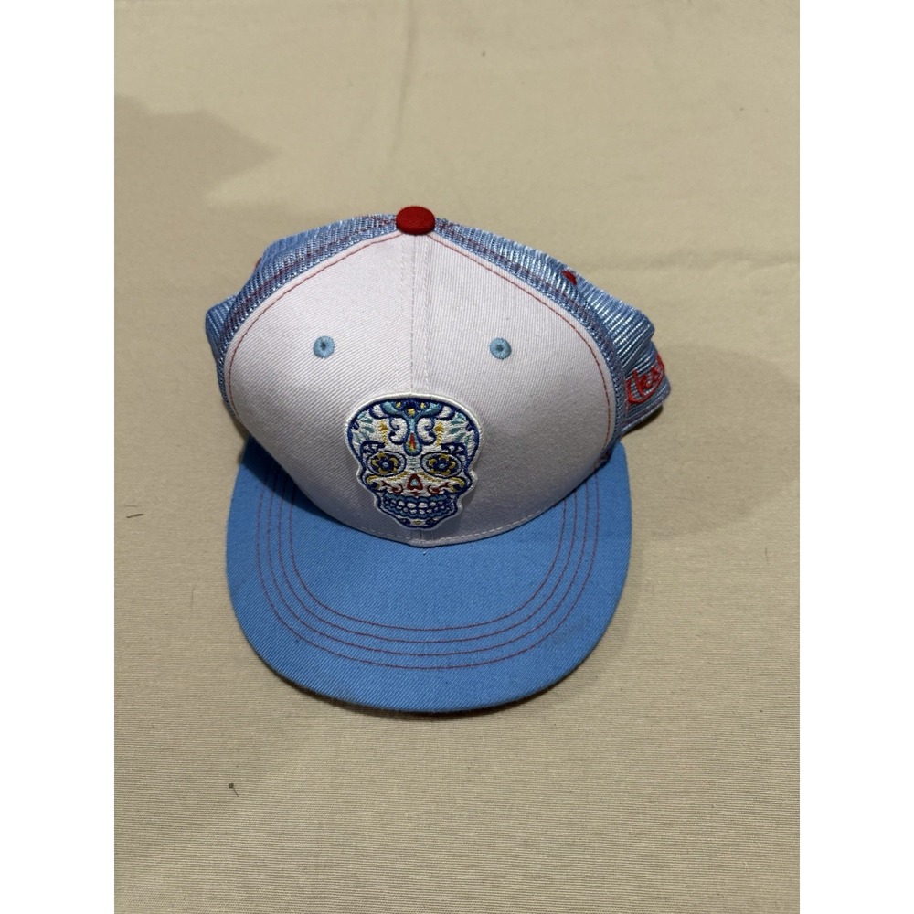 Aksels- Day of the Dead Embroidered Adult Snapback Trucker Hat Blue/White (RARE)